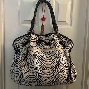 Velvety Animal Print Bag With Brown Patent Trim